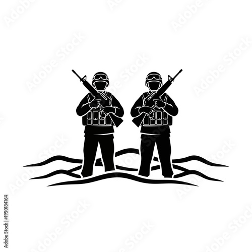 Two Soldiers Standing in Water with Rifles, Military Operation Silhouette