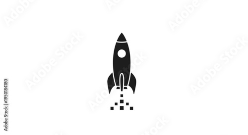 Black silhouette of a rocket ship launching into space with flames.