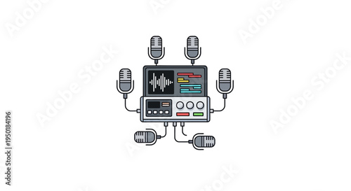 A colorful illustration of a mixing board with multiple microphones connected.