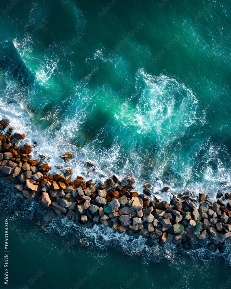 Fototapeta premium Aerial view of a wave crashing over a rocky structure in the ocean. The water is a beautiful turquoise color, and the waves create a stunning display of power and beauty. 
