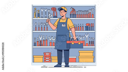 Craftsman and Tools Display: A focused craftsman stands proudly, examining a wrench against a backdrop of organized tools, ready for any project or task.
