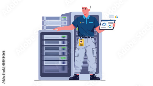 Digital Realm Administrator: A focused system administrator meticulously monitors server performance, holding a tablet and overseeing the intricate digital infrastructure.