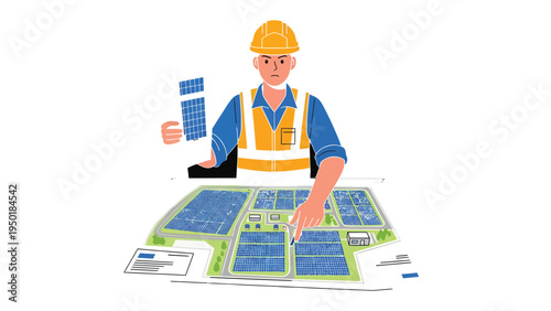 Solar Engineer: An engineer in a reflective vest and hardhat, meticulously reviews blueprints of a solar installation, symbolizing sustainable energy solutions and environmental consciousness.