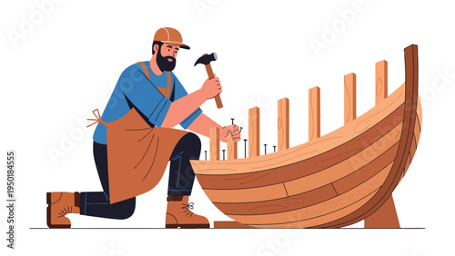 Crafting Dreams: A skilled artisan meticulously hammers nails into a wooden boat's frame, embodying the patience, skill, and dedication of the craft. 