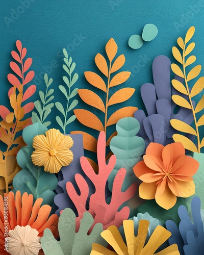 Colorful paper art of various plants and flowers in a vibrant composition, exuding artistic charm