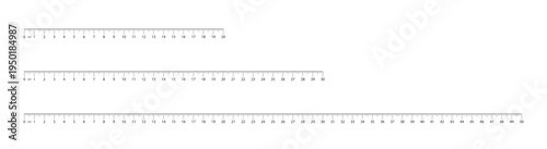 Set of metric rulers measuring 20, 30, and 50 centimeters, isolated on a transparent background. Vector