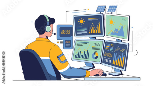 Control Center Specialist: A focused specialist monitors multiple screens, analyzing data and managing operations with precision.