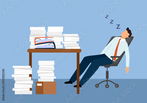 Tired man sleeping in the office sitting on a chair. Overworked businessman.