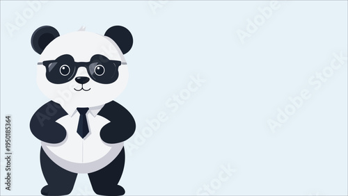 Cute panda business character wearing glasses and tie, professional cartoon panda mascot in flat vector style, friendly corporate animal illustration isolated on light background for branding design.