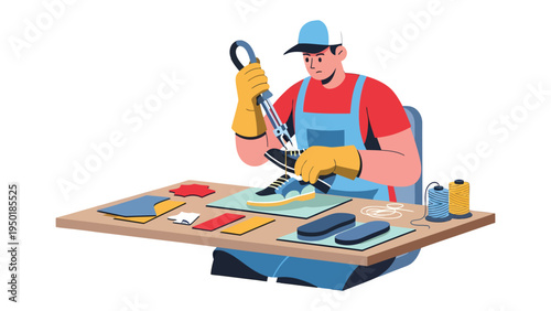 Artisan Crafting: A skilled artisan meticulously works on a shoe in his workshop. The scene captures the artistry and dedication involved in the crafting process.