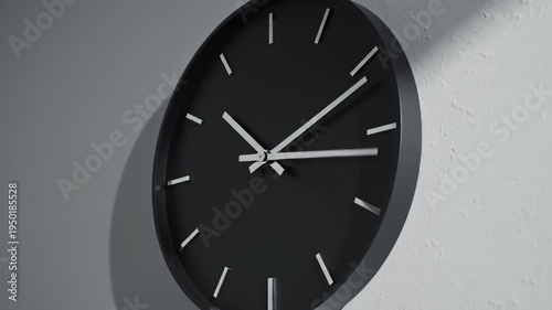 Minimalist Black Wall Clock With White Hands Ticking on Textured Wall With Shadow