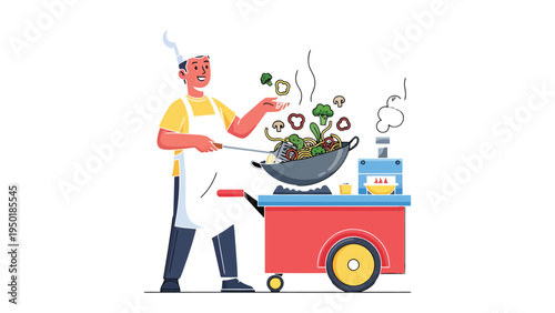 Culinary Mastery: An illustration of a chef, meticulously preparing a vibrant and flavorful dish on a mobile wok station, the essence of street food culture.