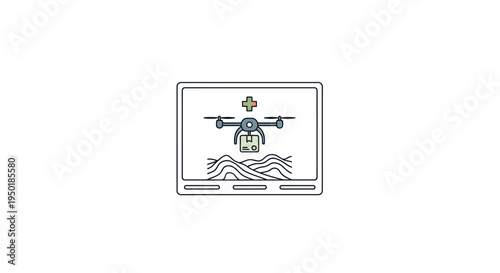 a blue and white illustration of a drone flying over wavy lines on a screen.