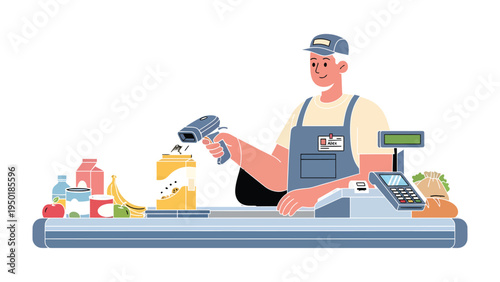 Supermarket Checkout Process: A supermarket cashier scans items at the checkout counter, efficiently managing purchases with a scanner in a modern grocery store setting.