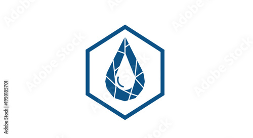 Blue water droplet logo on hexagon.
