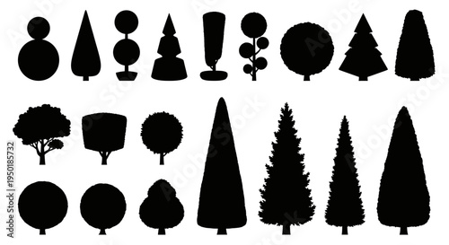 Collection of various tree silhouettes.