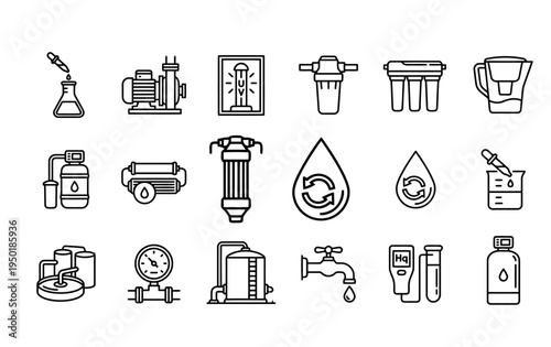 Water Purification Icons: An array of detailed icons representing the essential components and processes involved in water purification.