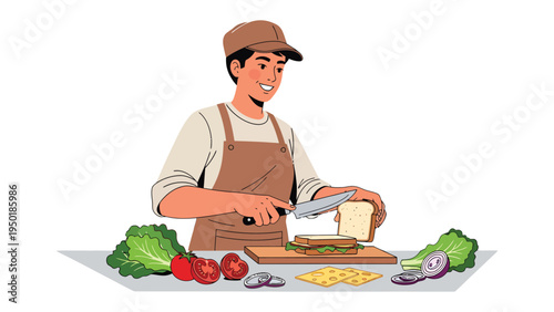 Crafting the Perfect Bite: A skilled artisan meticulously prepares a fresh sandwich, showcasing culinary artistry and the joy of creating a delicious meal.
