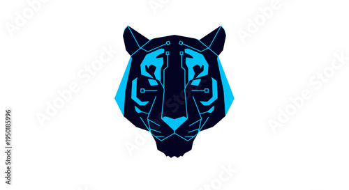 Geometric tiger head illustration in blue.