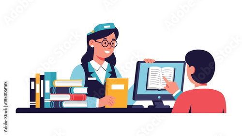 Knowledge Gateway: A librarian, assisting a patron in a library setting, exemplifies the pursuit of knowledge and the valuable role of librarians in fostering a love for literature and learning.