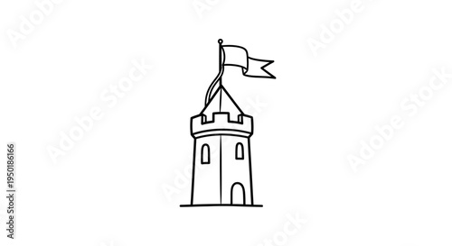 A simple line drawing of a castle tower with a flag on top.