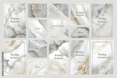 Elegant collection of wedding invitation and seasonal menu card designs featuring sophisticated marble textures and artistic watercolor splashes for luxurious events