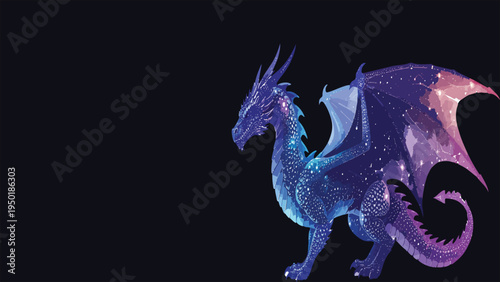 Cosmic galaxy dragon vector illustration with glowing starry texture, fantasy mythical creature with wings and celestial colors, magical space themed dragon isolated on dark background.