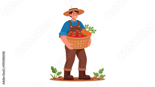 Harvest Bounty: A smiling farmer, his face beaming with pride, carries a woven basket overflowing with a vibrant harvest of ripe tomatoes and fresh carrots.