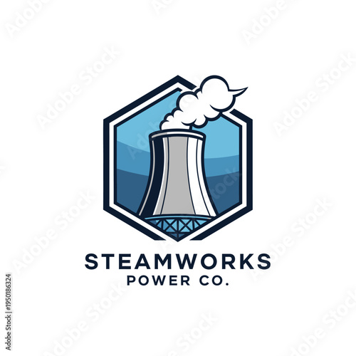 Hexagonal steamworks cooling tower logo emitting smoke, symbolizing industrial power generation, on an isolated white background.