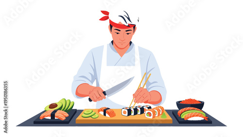 Sushi Chef at Work: A skilled sushi chef, diligently crafting a delicious sushi feast, arranging fresh ingredients, and using his expertise to create an artistic culinary display.