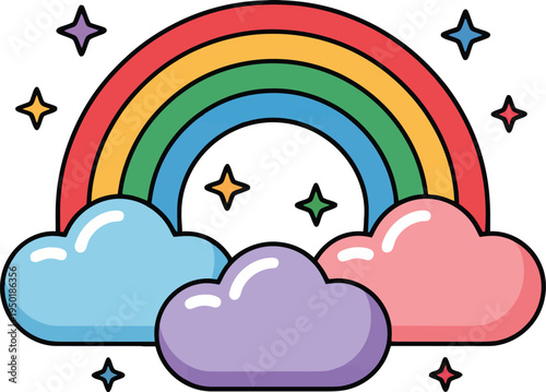 Colorful rainbow arching over three fluffy clouds with sparkling stars