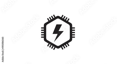 Black and white microchip icon with lightning bolt.