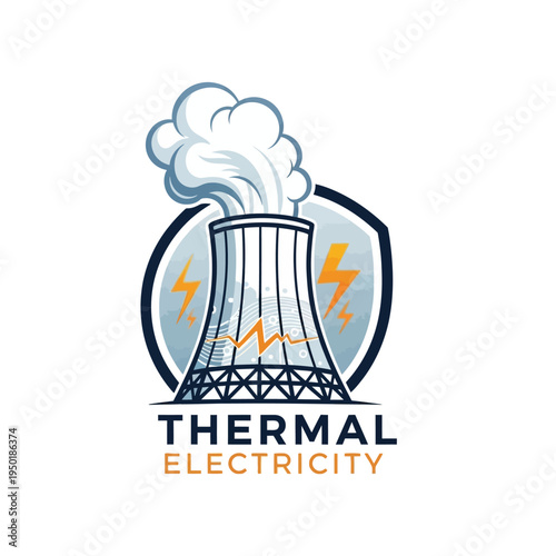 Thermal power plant cooling tower with lightning bolt and shield logo for electricity generation, on an isolated white background.
