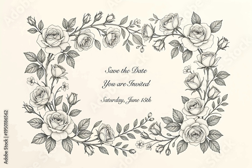 Elegant vintage floral frame with roses and elegant handwritten text for wedding invitations