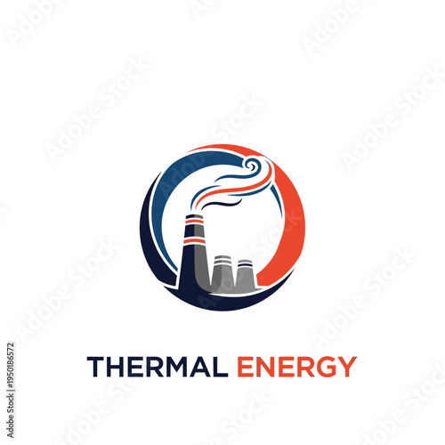 Bold Thermal Energy Logo with Multiple Industrial Chimneys and Circular Frame, Power Generation Concept, isolated white background.