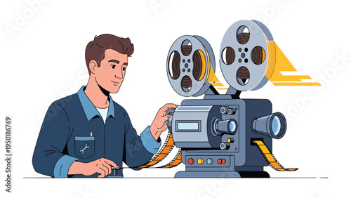 Film Maker and Cinema Projector: A filmmaker attentively operates a vintage cinema projector, as the film reel unwinds, and imagination begins.