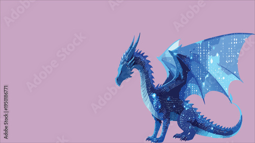 Blue cosmic galaxy dragon vector illustration with glowing star texture and digital pattern wings, fantasy mythical creature with celestial space design isolated on soft pastel background.