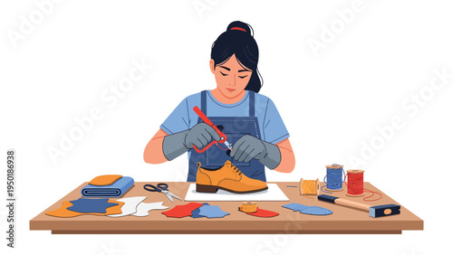 Crafting with Precision: A skilled artisan meticulously works on a shoe, demonstrating the artistry of crafting and the dedication to craftsmanship. 