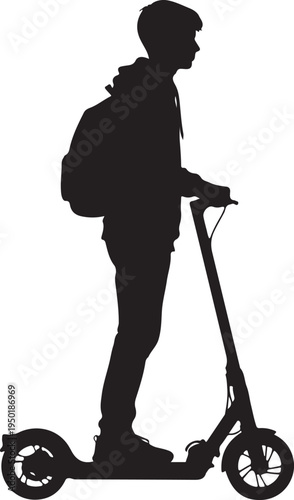 A silhouette of a boy riding a scooter