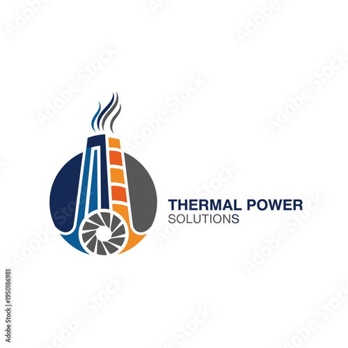 Thermal Power Solutions Logo with Industrial Chimney and Gear Element in Circular Design on Isolated White Background