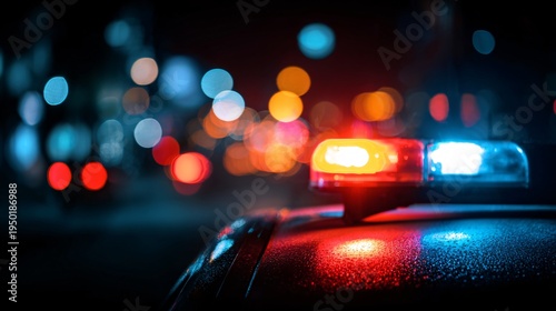 Close-up of red and blue police siren lights glowing at night with blurred city background