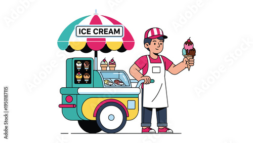 Sweet Delights: An ice cream vendor with a friendly smile, standing next to his colorful ice cream cart. A perfect image for food or summer concepts