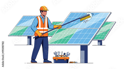 Solar Panel Technician in Action: A skilled technician diligently cleans a solar panel, showcasing dedication to sustainable energy.