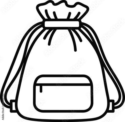 A simple black and white line art illustration of a casual drawstring backpack with a front pocket