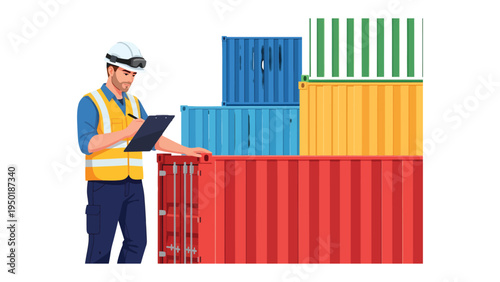 Logistics Inspector: A focused logistics professional inspects the stack of vibrant shipping containers, embodying the essence of streamlined global trade and logistical expertise.