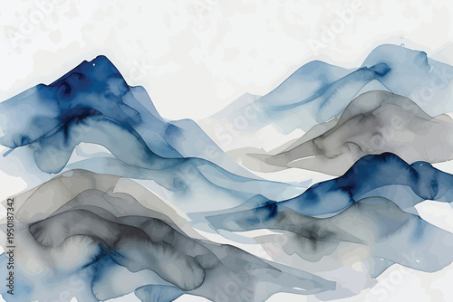 Abstract Watercolor Blue and Gray Mountain Landscape Painting