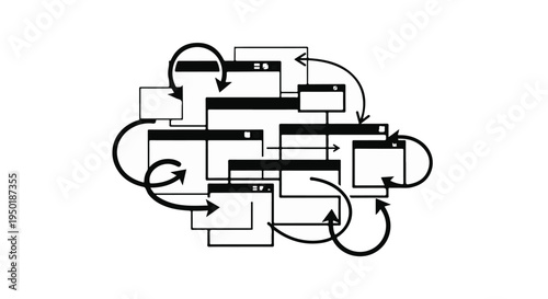 Conceptual digital multitasking and web interface connectivity with navigation arrows.