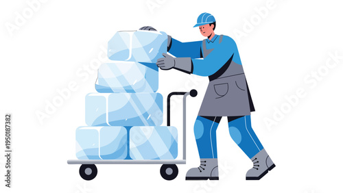 Ice Transportation: A worker efficiently transports a stack of ice blocks on a hand truck, a testament to industry and service.