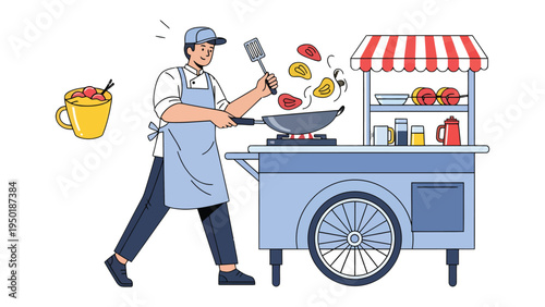 Street Food Vendor at Work: A vibrant illustration showcasing a street food vendor expertly preparing delicious food at his mobile stall, complete with aromatic spices and a refreshing drink.