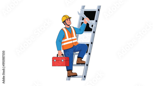 Rising to the Occasion: A skilled construction worker confidently ascends a ladder, equipped with a toolbox and a wrench, ready to tackle any project. 